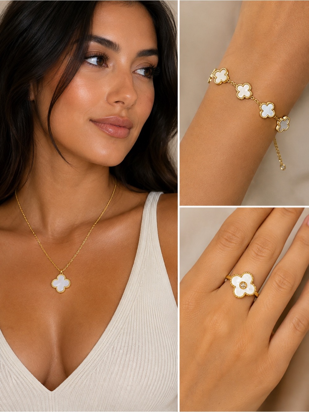 Gold and White Clover Pendant Necklace - Women Jewelry